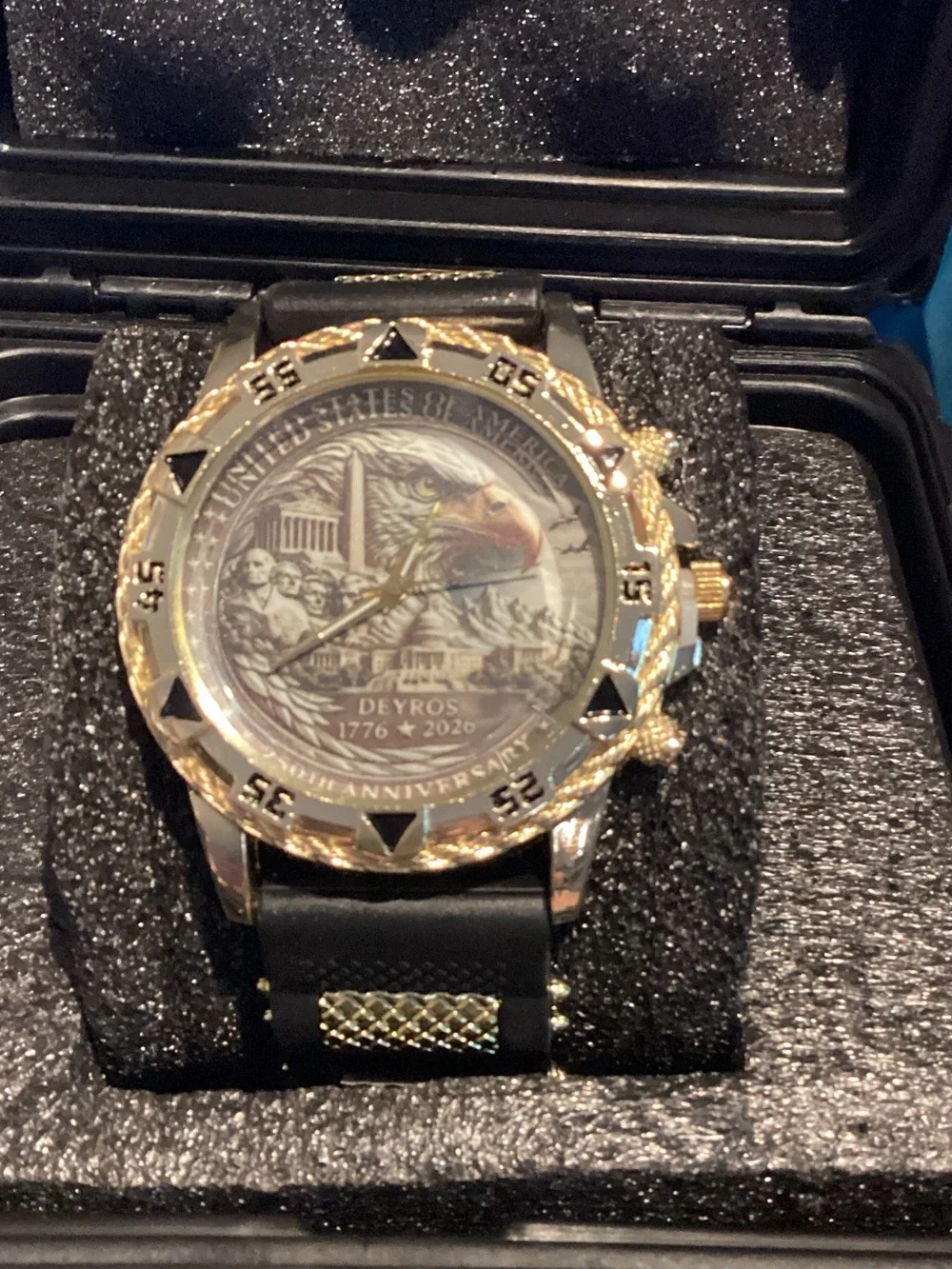 Deyros Gold-Tone Men's Eagle Commemorative Watch — Black Strap
